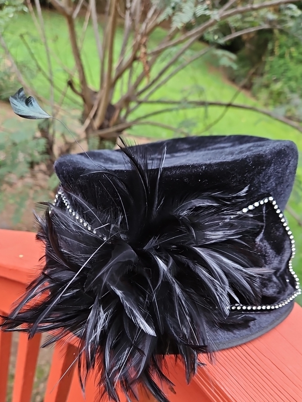 Vintage SWAN HATS Elegant Black Velvet Feather Pillbox Hat with Rhinestone Trim